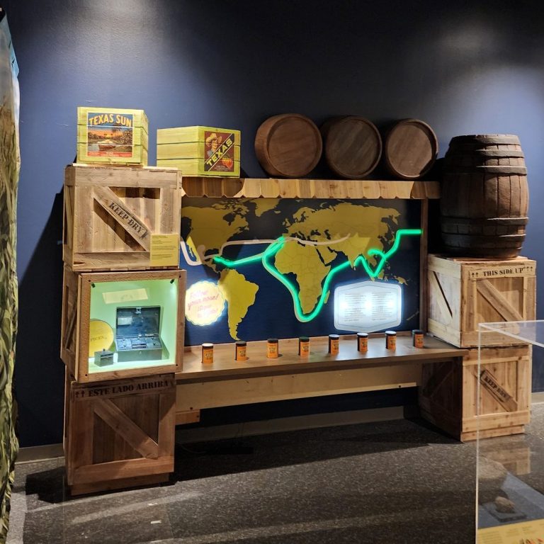 Spice Routes Exhibit Museum display with a glowing world map, wooden crates, barrels, shelves, and spice cans.