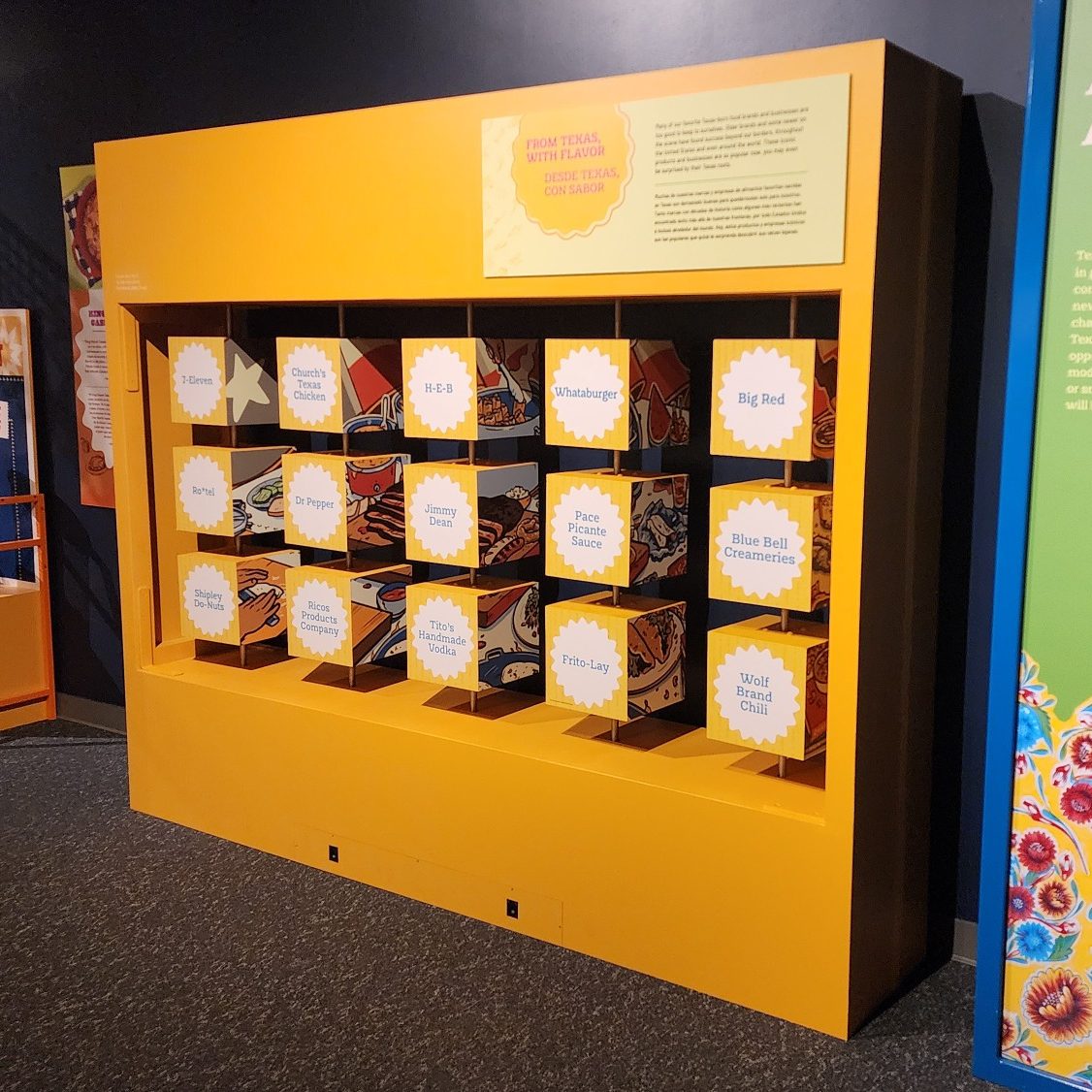 Interactive Flip Panel Yellow freestanding exhibit panel with rows of illustrated rotating cubes.